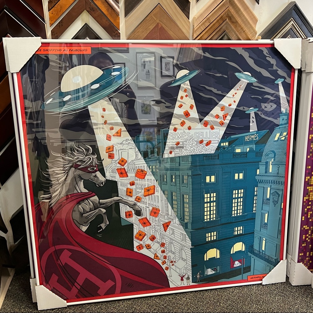 Hermes Space Shopping 90 cm scarf / professionally framed
